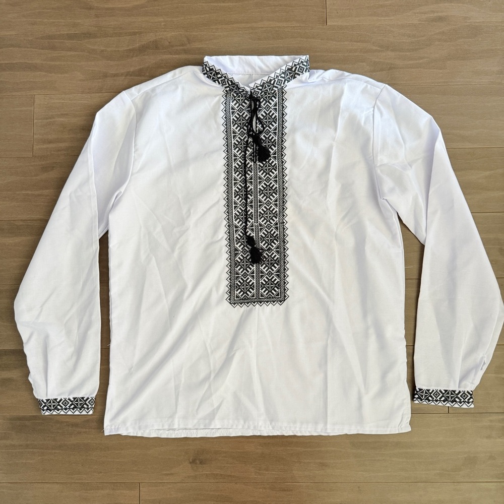 Ukrainian Vyshyvanka Sorochka White Long Sleeve Shirt with Black Embroidery NEW